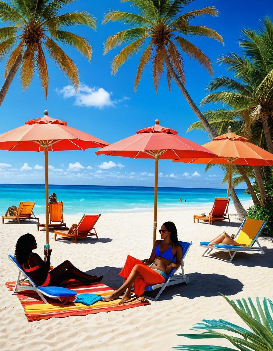 A vibrant beach scene featuring diverse women in trendy bikinis and chic beachwear, lounging under sun umbrellas, sipping tropical drinks, and playing beach volleyball. The background showcases a crystal-clear ocean with soft waves and palm trees swaying in the breeze. Bright colors and stylish accessories create a lively summer atmosphere. Captivating details like seashells and beach towels enhance the composition. tropical summer vibe. high detail. vibrant colors. super-realistic.