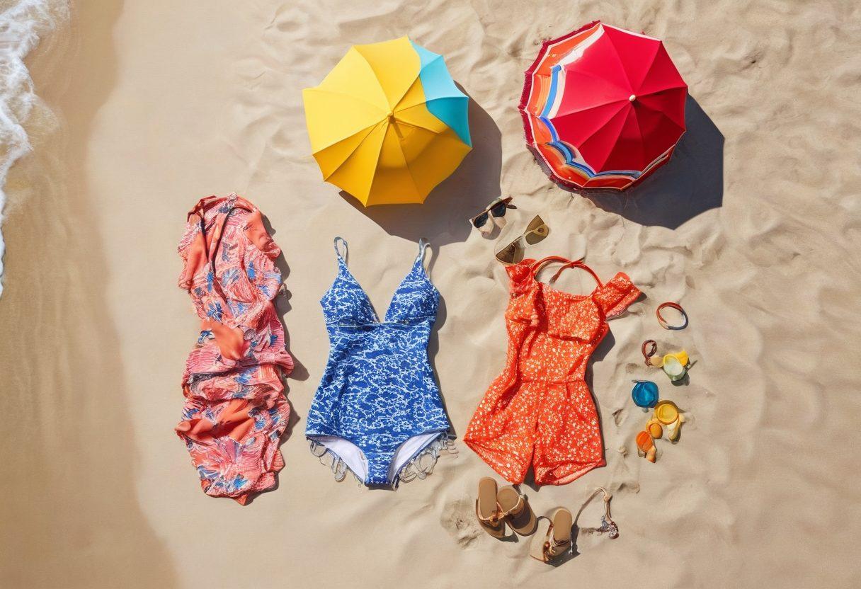 A vibrant beach scene featuring an array of chic swimsuits and stylish cover-ups arranged artistically on a sandy shore, with colorful beach umbrellas and sunbathers in the background. The image should capture a sunny atmosphere and playful waves, highlighting accessories like sunglasses, a beach bag, and a sun hat. Focus on bright colors and textures that evoke summer fun and fashion. super-realistic. vibrant colors. white background.