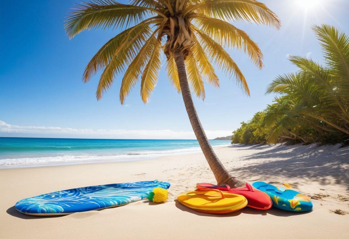 A vibrant beach scene showcasing an array of essential beachwear items sprawled on a sandy beach, including colorful swimsuits, stylish sunglasses, a wide-brimmed hat, flip-flops, and beach towels. In the background, a crystal-clear ocean and a bright blue sky add to the vacation vibe, with palm trees swaying gently. Include beach accessories like a surfboard and beach ball for added fun. super-realistic. vibrant colors. white background.